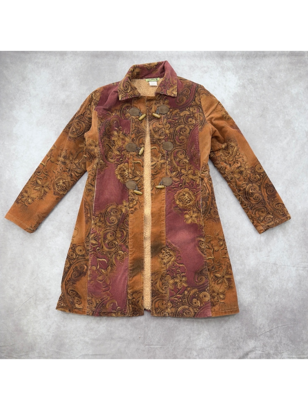 Vintage Little Mass Paisley Floral Corduroy Sherpa Lined Toggle Coat 70s ethnic